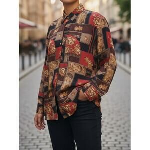 Vintage Stunt Silk Floral Patchwork Button-Up Blouse – Size Small